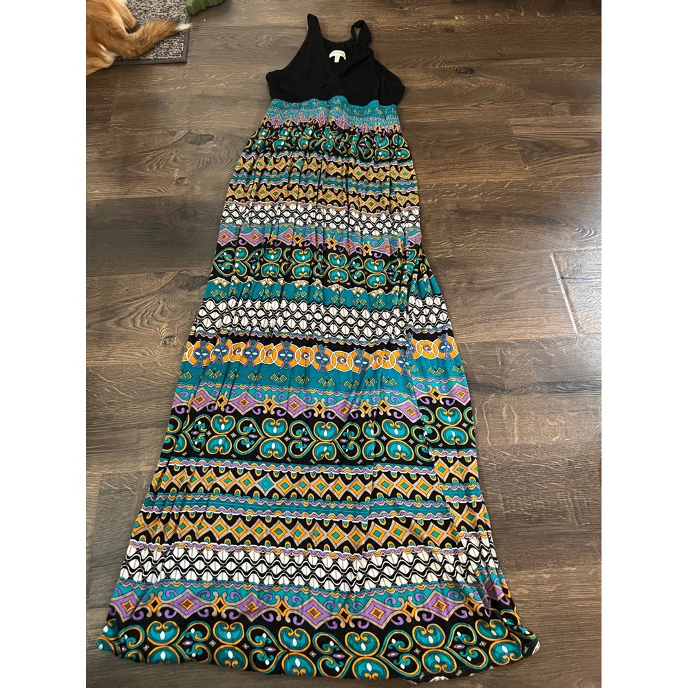 Monteau Los Angeles Womens Black Multi Color‎ Geometric Print  Maxi Dress M